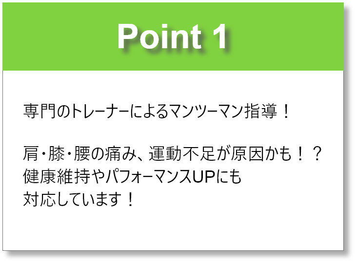 ポイントは「専門のトレーナーによるマンツーマン指導」、「トレーニング後のしっかりとしたボディケア」